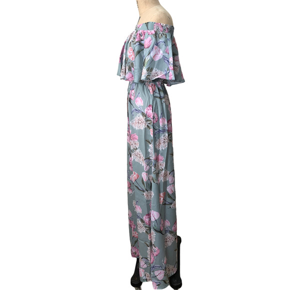 Show me your Mumu Maxi Dress Hawaii Orchid Summer Off Shoulder XS S NWT - Picture 4 of 9